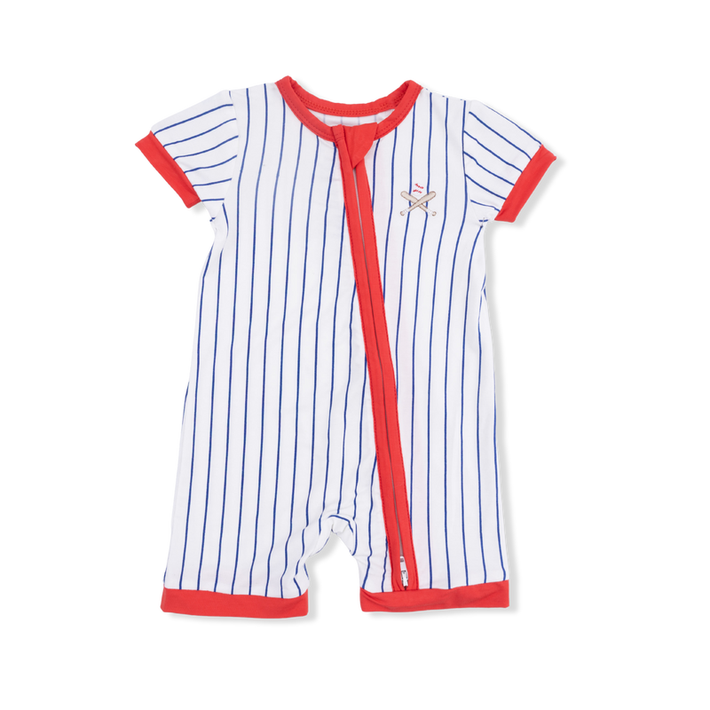 Baby romper with red and blue stripes on a white background