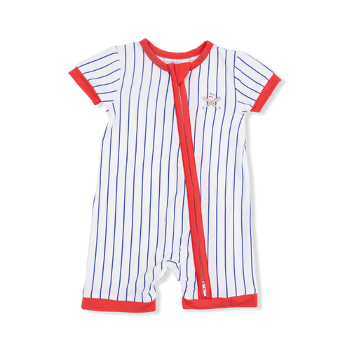Baby romper with red and blue stripes on a white background