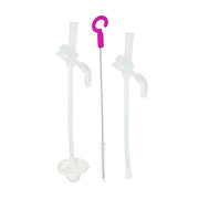 Two clear silicone straws with a cleaning brush on a white background