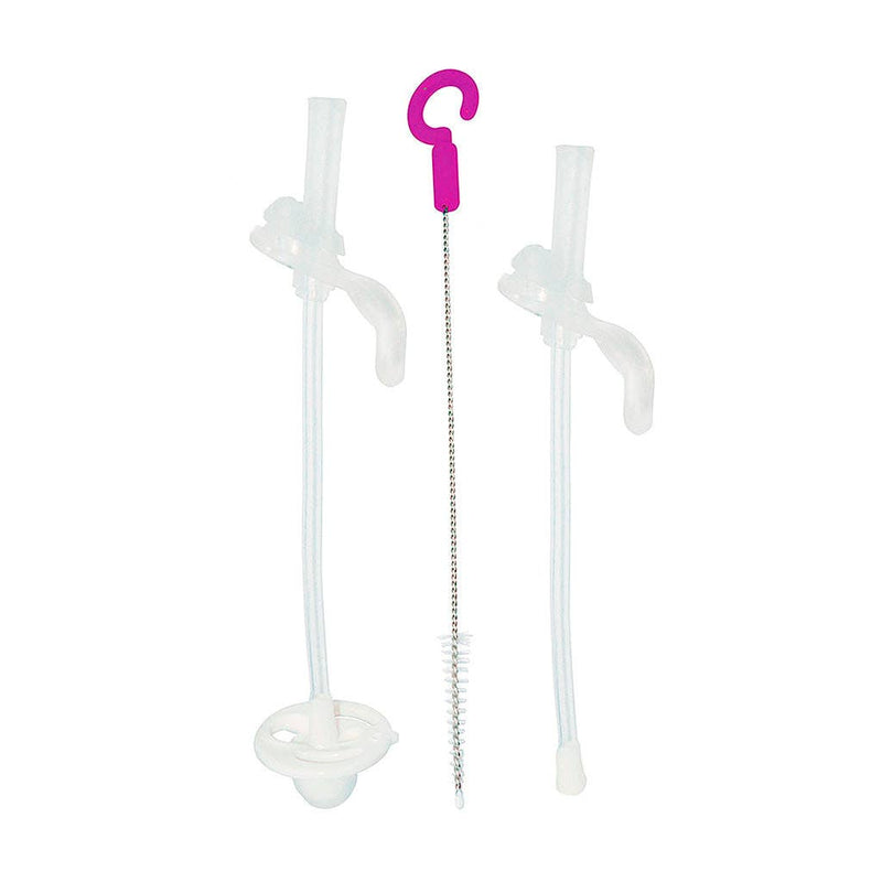 Two clear silicone straws with a cleaning brush on a white background