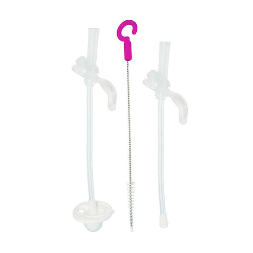 Two clear silicone straws with a cleaning brush on a white background