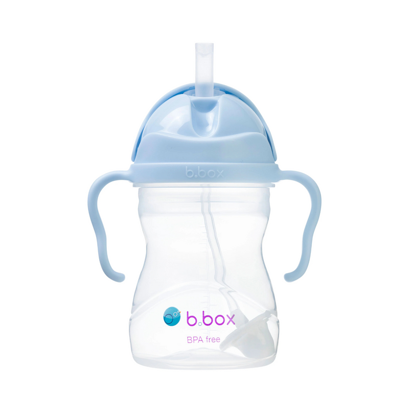 Clear sippy cup with blue handles and lid on a white background