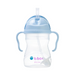 Clear sippy cup with blue handles and lid on a white background
