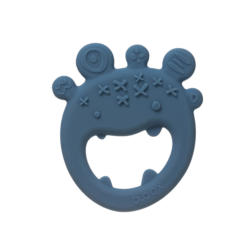 Blue silicone teether with textured surface on a white background