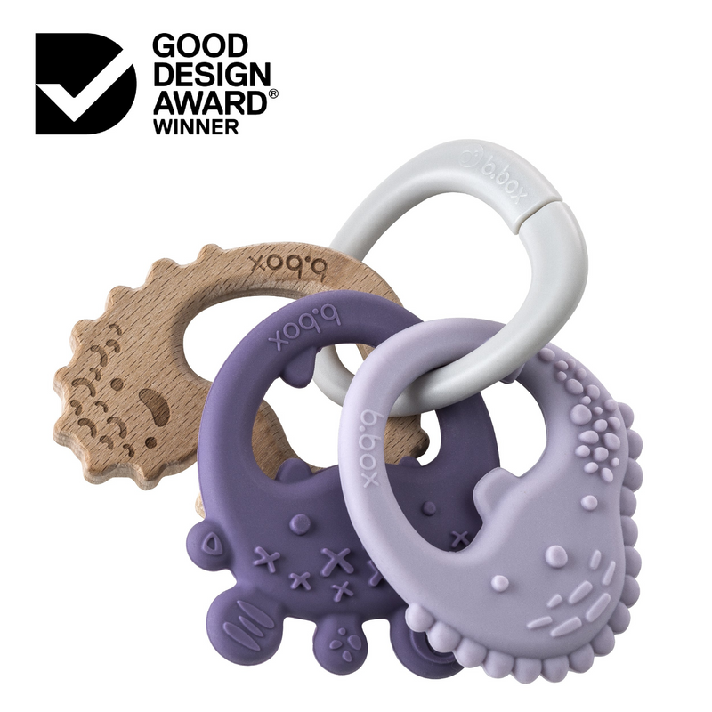 b box textured purple silicone and wood ring teether
