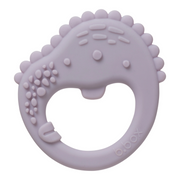 Purple silicone teething ring with textured surface on a white background