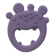 Purple silicone teething ring with text and symbols on a white background