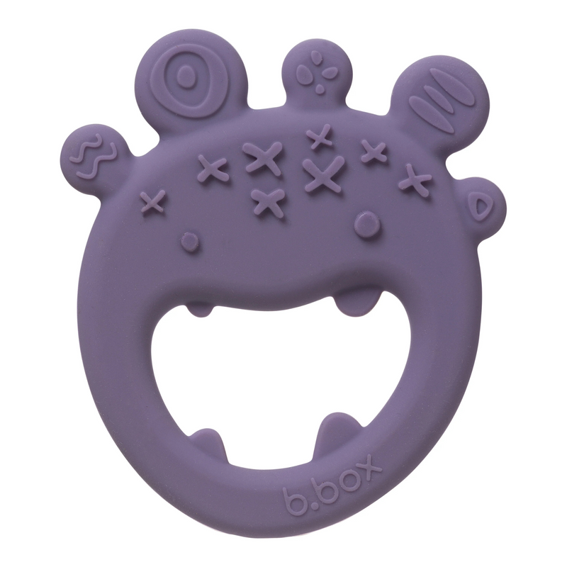 Purple silicone teething ring with text and symbols on a white background