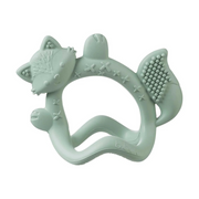 Mint green fox-shaped teething ring with textured surface on a white background
