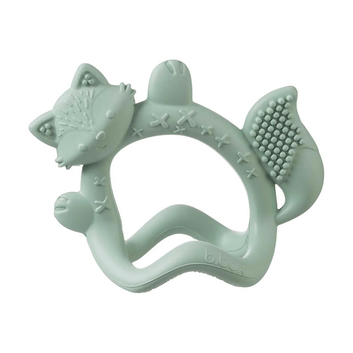 Mint green fox-shaped teething ring with textured surface on a white background