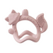 Pink fox-shaped teething ring on a white background