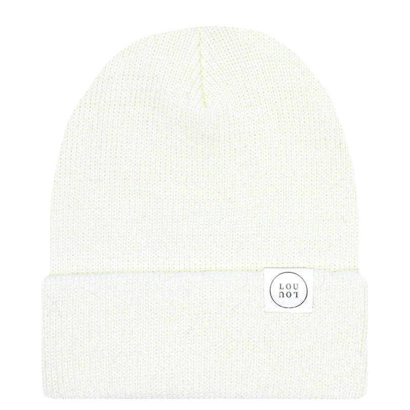 Ivory knit beanie with a brand logo on a white background