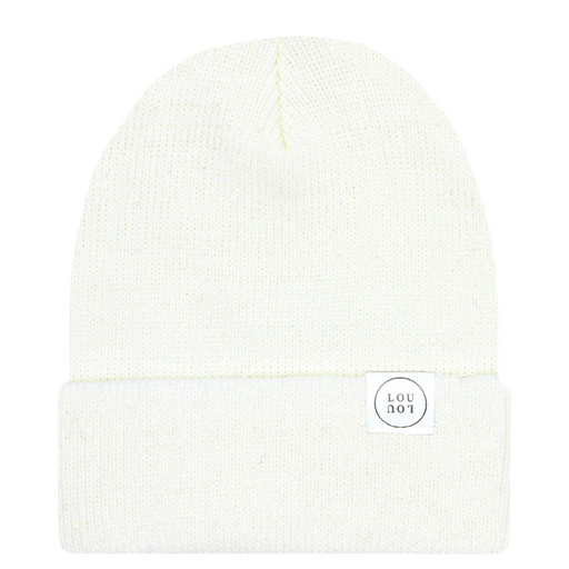 Ivory knit beanie with a brand logo on a white background