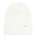Ivory knit beanie with a brand logo on a white background