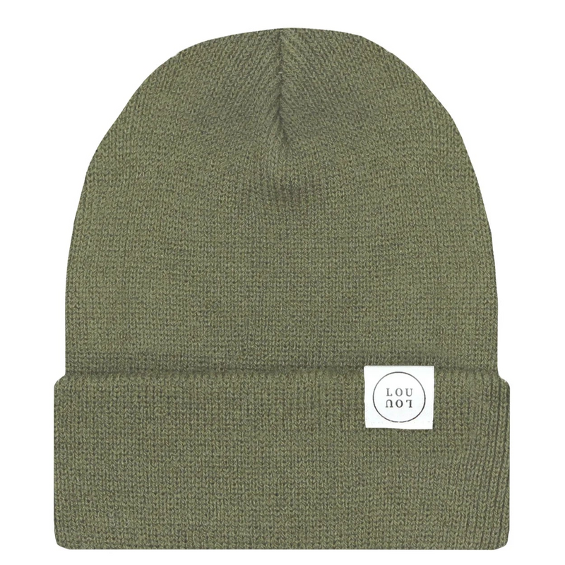 Moss green Lou Lou & Co beanie with a white label on a white background