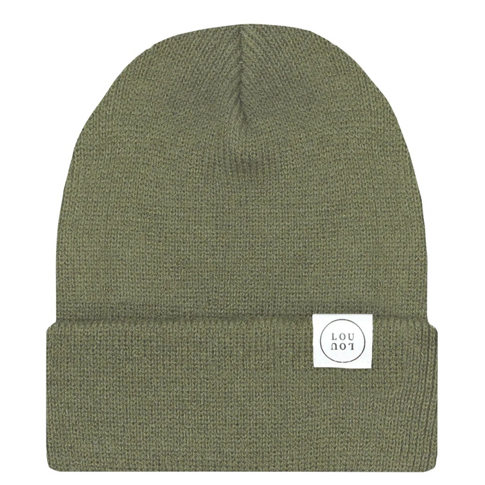 Moss green Lou Lou & Co beanie with a white label on a white background