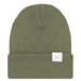 Moss green Lou Lou & Co beanie with a white label on a white background