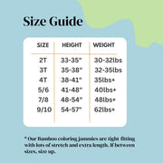Space colorable pajamas size guide showing height and weight recommendations