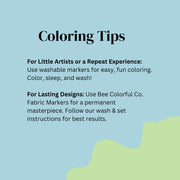 Coloring tips graphic explaining how to use fabric markers on colorable pajamas