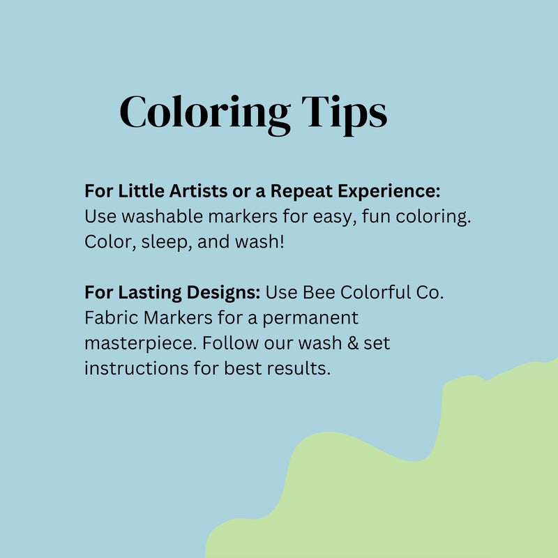 Coloring tips graphic explaining how to use fabric markers on colorable pajamas