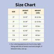 Size chart for Bee Colorful Co. dinosaur colorable pajamas