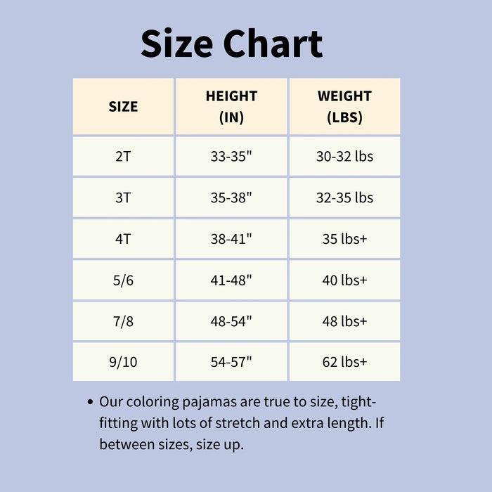 Size chart for Bee Colorful Co. dinosaur colorable pajamas