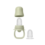 BIBS baby feeder shown disassembled with handle, silicone feeding pouch, and protective cap on a white background