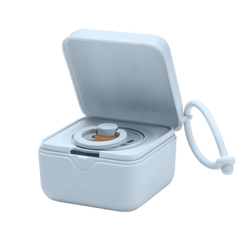 BIBS pacifier box in baby blue color shown open with a pacifier insert inside