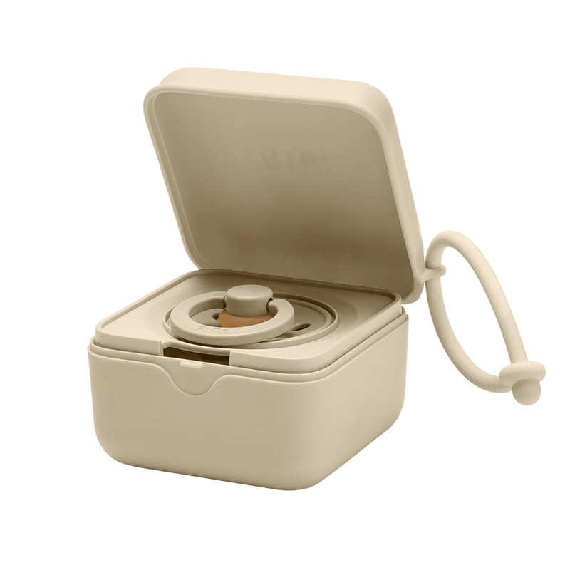 BIBS pacifier box in vanilla color shown open with a pacifier insert inside