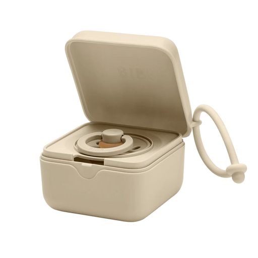 BIBS pacifier box in vanilla color shown open with a pacifier insert inside