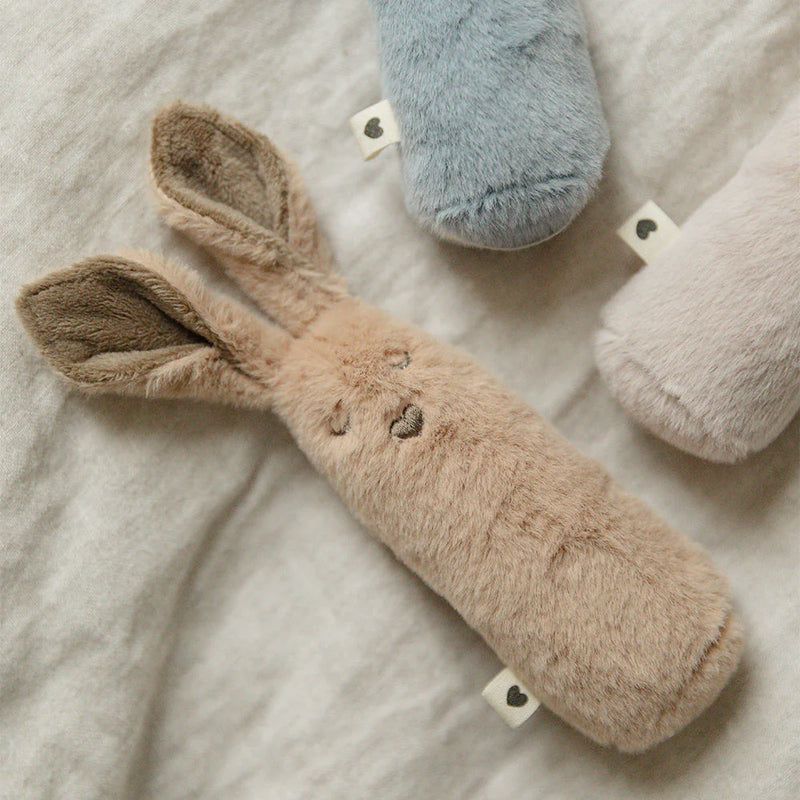 BIBS kangaroo baby rattles displayed together, highlighting plush texture and stitched facial details