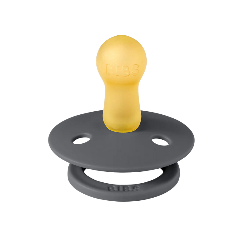 Single BIBS round pacifier with a dark gray shield and natural rubber latex nipple