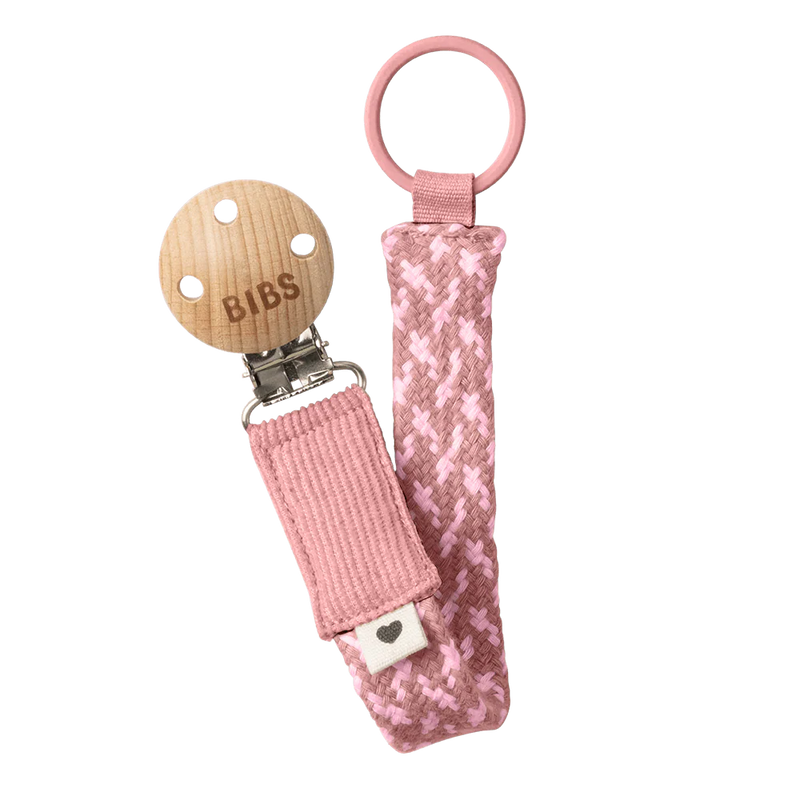BIBS braided pacifier clip with organic cotton strap, wooden detail, and metal clasp on a white background