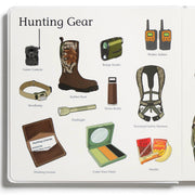 Card with illustrations of various hunting gear items on a white background