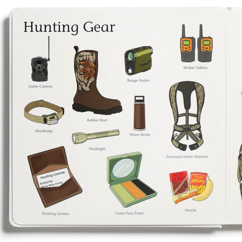 Card with illustrations of various hunting gear items on a white background