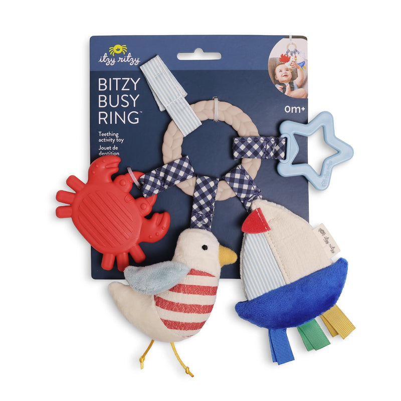 Itzy Ritzy Bitzy Busy Ring teething activity toy shown in retail packaging
