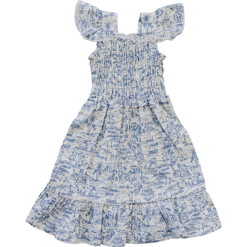 Blue and white patterned dress on a white background