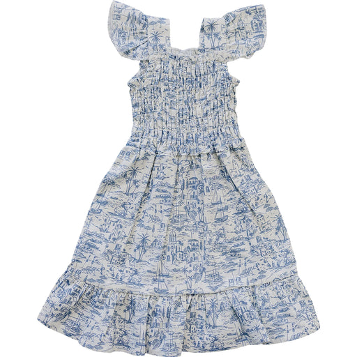 Blue and white patterned dress on a white background