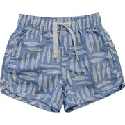 Blue swim shorts with fish pattern on a white background