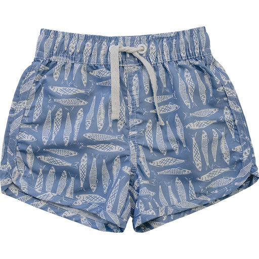 Blue swim shorts with fish pattern on a white background