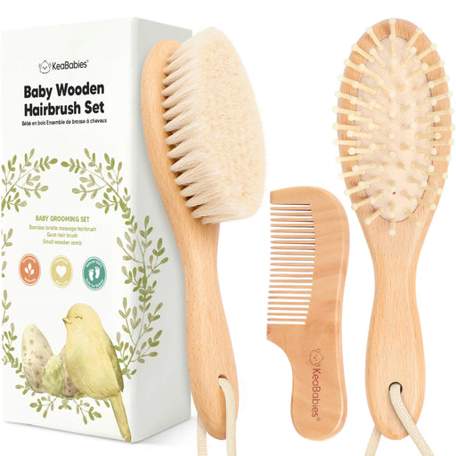 Blonde wood baby hairbrush and comb set displayed with gift box