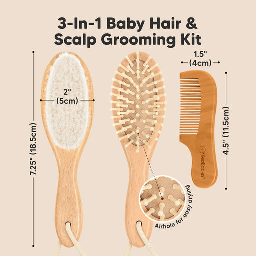 Size chart showing three-piece blonde wood baby grooming set