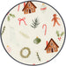 Round plate with Christmas-themed illustrations including houses, candy canes, and wreaths on a white background.