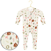 Lou Lou & Co Buddy zipper footie with gingerbread and candy cane Christmas print on a hanger, with print close-up