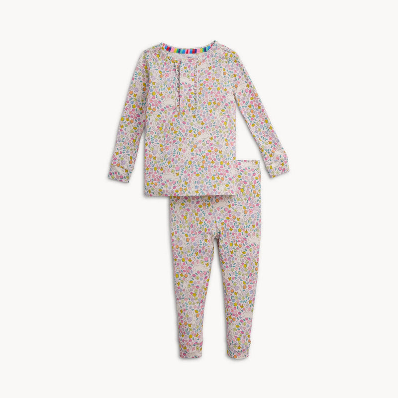 Bunny Blossom floral ruffle long sleeve pajama set with matching pants