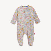 Floral bunny print magnetic ruffle baby footie with long sleeves and footed design