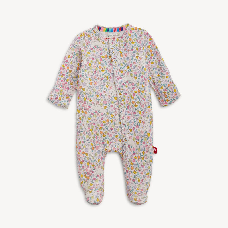Floral bunny print magnetic ruffle baby footie with long sleeves and footed design