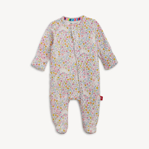Floral bunny print magnetic ruffle baby footie with long sleeves and footed design