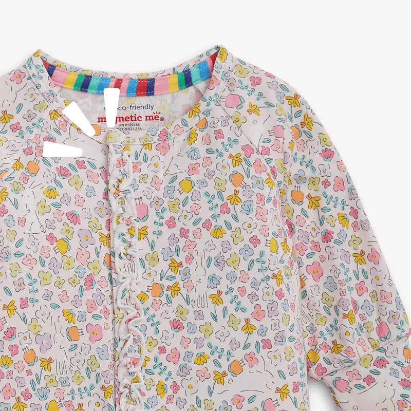 Close-up of Bunny Blossom footie showing floral pattern and magnetic front closure