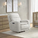 Gray recliner chair in a room with wooden furniture and light decor